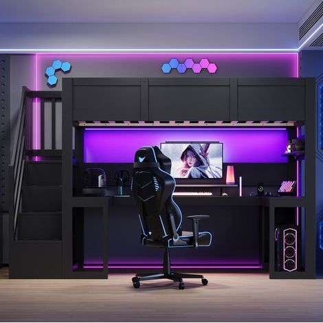 Cama alta 90/200 cm negra con escritorio, LED, USB y escalera con almacenaje (1/5)
