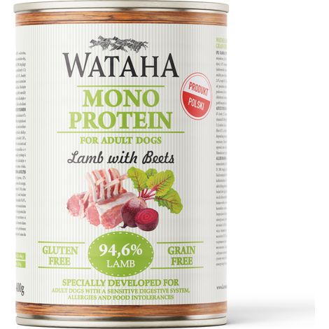 Alimento monoproteico Wataha para perros adultos, 94,6 % cordero con remolacha, 400 g.