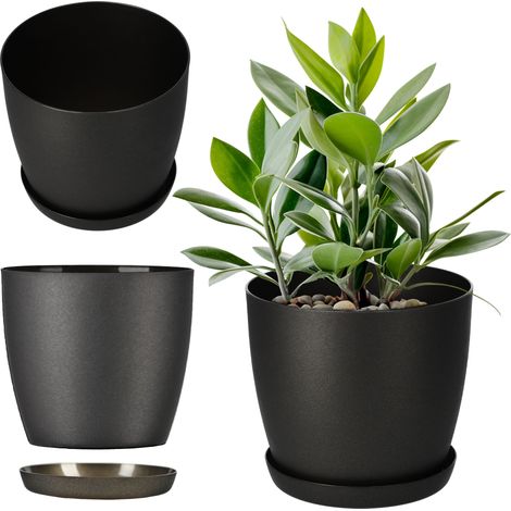 KADAX Matte Blumentopf mit Untersetzer, aus Kunststoff, 20 cm, Anthrazit