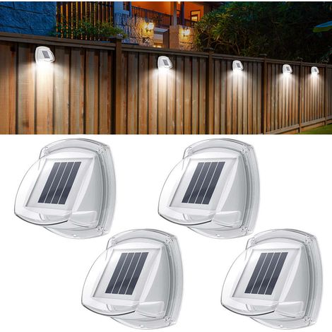Lot de 4 lampes solaires solaires pour clôture - 8 LED - Appliques étanches murales pour escaliers, clôtures, terrasses, terrasses, blanc froid (1/5)