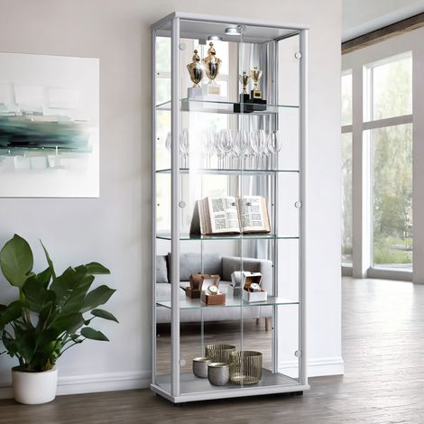 K-Möbel Vitrine 2 Portes Argent/Alu 176x67x33cm Miroir Serrure LED