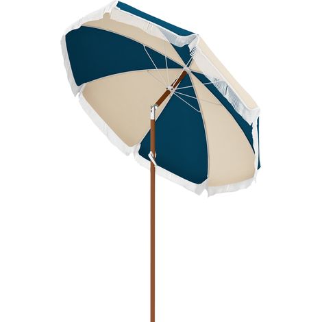 Runder, neigbarer Sonnenschirm Ø 225 cm mit UV-beständigen Polyesterfransen und abnehmbarer Stange, Vintage-Blaubeige