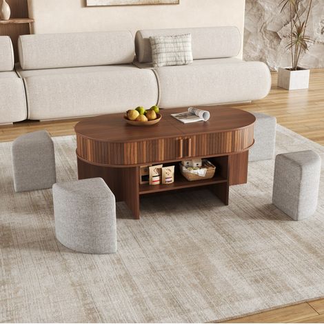 Tavolino ovale con contenitore in noce con sgabelli in tessuto OKWISH (1/5)