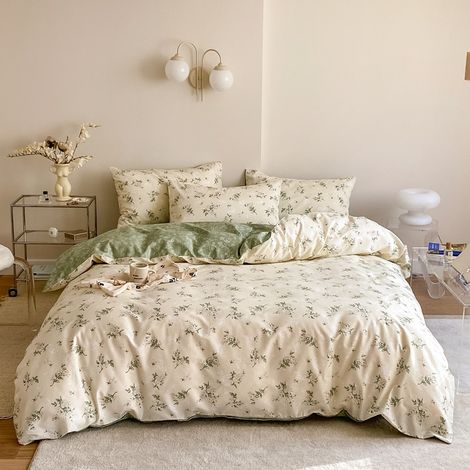 Housse de couette vintage à imprimé floral, format queen, 100 % coton, beige et vert, motif floral, parure de lit printanière 3 pièces, douce, respirante, réversible avec fermeture éclair (1/5)