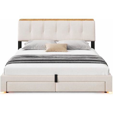 Lit coffre 180x200 cm avec rangement hydraulique, LED, USB et USB-C, tête de lit rembourrée beige, sans matelas pour chambre moderne CHICFURN (1/5)