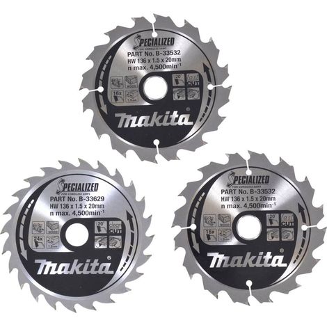 Makita – Lame de scie circulaire 136 mm – B33897 – 3 lames pour bois – 2 lames 16 dents et 1 lame 24 dents – Alésage 20 mm