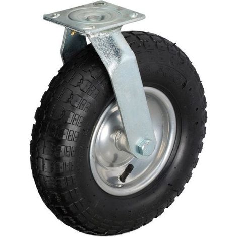 Roue Pivotante - Pneumatique 3.50-6 - Plaque Acier Galvanisé - Charge Max 120 kg - Noir Argenté (1/5)