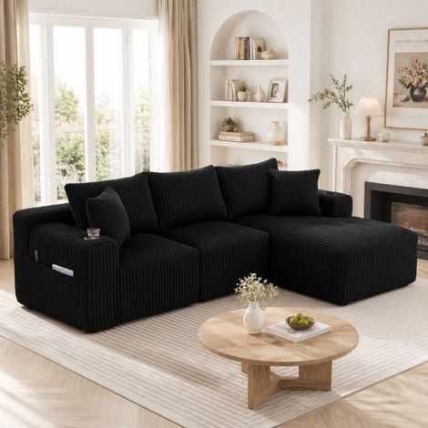 Modulares Sofa Set mit Chaiselongue & 2-Sitzer, weicher Cordbezug, mit 5 Kissen, seitliche Taschen & Getränkehalter, hochdichter Schaumstoff, DIY-Kombination, Ideal für Wohnzimmer, Apartment & Studio. (1/5)