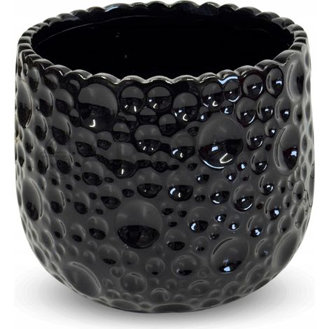 Vaso da fiori in ceramica con coperchio rotondo, goffratura irregolare, nero, 14 cm