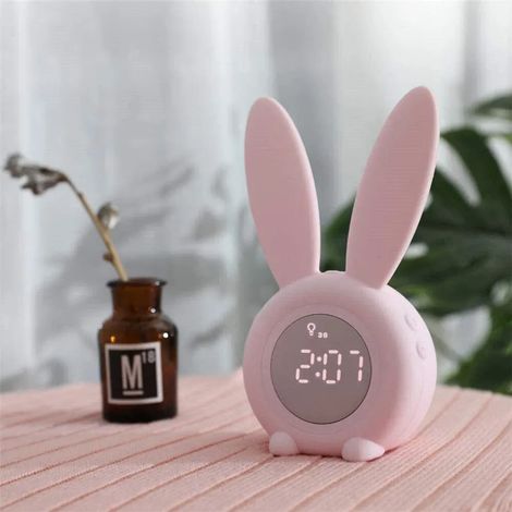 Wecker für Kinder mit Nachtlicht in Form eines Hasen, 6 Klingeltönen, Touch-Bedienelementen und wiederaufladbarem 2000-mAh-Akku (Rosa)