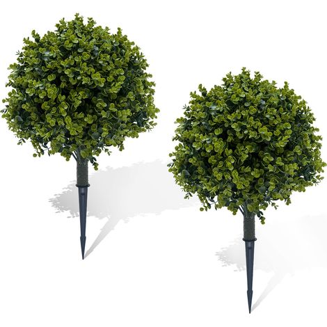 Arbres topiaires artificiels réalistes en lot de 2 – Eucalyptus ou cèdre 60cm – Feuillage PE, résistant UV/intempéries – Arbustes décoratifs pour intérieur/extérieurérieur – Vert (1/5)