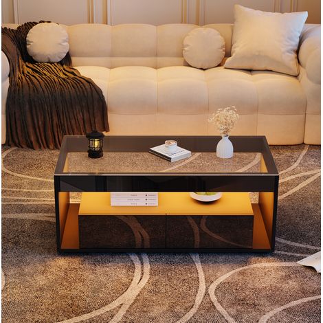 table salon LED rectangulaire 100x50 verre noir OKMYHOME (1/5)