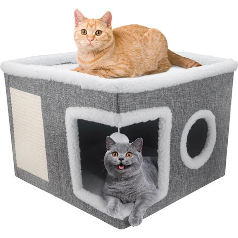 Grand lit couvert pour chat d'intérieur avec balle moelleuse et tapis à griffer, cachette pliable pour chaton et animal domestique (gris, taille L) (1/5)