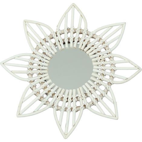 Miroir mural en rotin blanc en forme de fleur, style rustique vintage, miroir décoratif en verre poli brillant pour entrée, chambre et salle de bain (1/5)