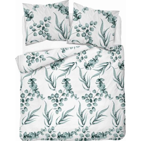 Parure de lit en coton 160x200 Fleurs Feuilles Vert (1/5)