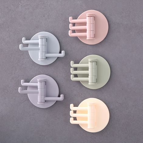 Crochets muraux pivotants à trois broches (paquet de 5, multicolores), aucun perçage requis, pour suspendre des articles de salle de bain et de cuisine.