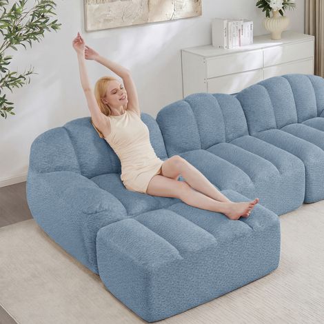 Canapé modulable 2 places 210 x 165 x 79 cm - Tissu bouclette bleu - Forme L, pouf, sans montage (1/5)