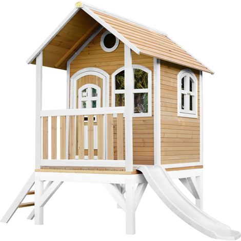 Cabane de jardin pour enfant avec toboggan 118cm – Bois FSC – Hauteur de plate-forme 58cm – Couleur marron et blanc – AXI