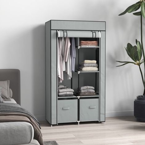 Armoire tissu portable 83x42,5x162,5 cm avec penderie, 5 étagères et 2 tiroirs, dressing pliable zippé gris clair, rangement vêtements (1/5)