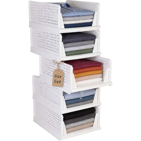 Relaxdays Kleiderschrank Organizer, 5er Set, faltbar, stapelbar, HBT 18,5x33,5x43 cm, Kleiderbox platzsparend, PP, weiß (1/5)