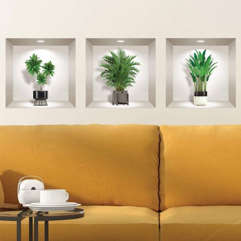 Sticker Muraux, 3D Effet Vinyle Adhésifs Muraux, Peintures Murales Décoration Murale pour Chambre à Coucher, Cuisine, Bureau - Plantes Vertes d'Intérieur - Lot de 3 Pièces de 30 x 30 cm (1/4)
