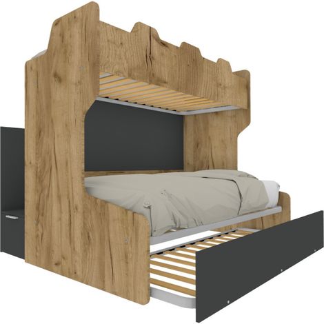 Letto a castello salvaspazio con scala contenitore - 1 Piazza e mezza + singolo - Quercia e basalto
