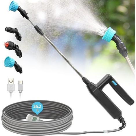 Pulvérisateur d'eau électrique pour plantes avec tige télescopique de 60 à 110 cm et 3 buses de brumisation, pulvérisateur à piles - tuyau de 8 m (1/4)