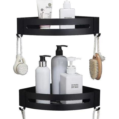 Lot de 2 étagères de douche auto-adhésives, sans perçage, fixation murale, avec 4 crochets (noir) (1/4)