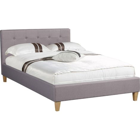 Idimex – Lit simple gris 120x190 cm – Tête de lit capitonnée – Structure en tissu polyester – Pieds en bois chêne – Sommier à lattes inclus (1/4)