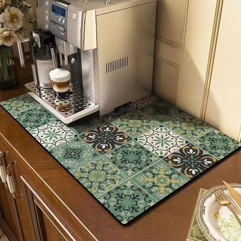 Tapis de séchage antidérapant pour vaisselle - Terre de diatomée absorbante pour machine à café, comptoir de cuisine - Motif carreaux gris foncé - 50 x 80 cm (1/5)