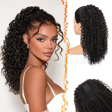 Extensión de cola de caballo marrón negro, cola de caballo rizada con cordón Fibra de proteína pura 45 cm Peine rizado ondulado bohemio Clip en cola de caballo Postizo Esponjoso Natural Suave Fiesta l (1/5)
