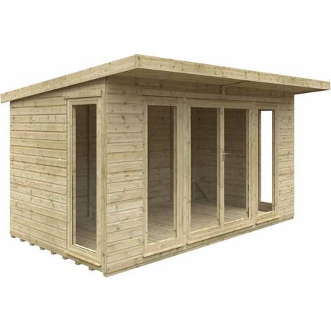 14 x 8 Feet Tanalised Garden Studio 16mm Shed - Solid Wood/Softwood/Pine - L415 x W235 x H242.2 cm - Green