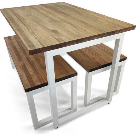 Conjunto Mesa y Bancos iCub Strong Blanco 120x80cm en madera maciza de pino acabado vintage estilo industrial Box Furniture (1/5)