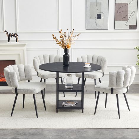 Set tavolo rotondo 107 cm con 4 sedie in tessuto grigio chiaro stile industriale (1/5)