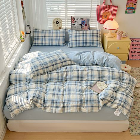 Parure de Lit 4 Pièces en Coton Lavé Ultra-Doux – Qualité Maternité Classe A – Housse de Couette, Drap-Housse et Drap Plat 180x220 cm – Idéal pour Dortoir Étudiant et Chambre Universitaire-lsw