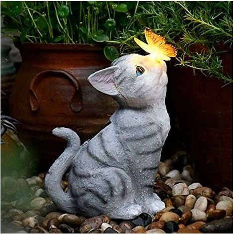 JKWG Décoration de jardin chat décoration de jardin décoration de papillons lampes solaires pour balcon extérieur décoration de jardin aménagement de la cour chat mignon haut papillon ornements résine (1/5)