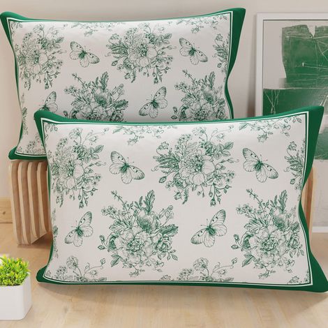 Lot de 2 Taies d'Oreillers 50x70 cm 100% Microfibre Hypoallergénique, Housse Oreiller Rectangulaire Motif Floral Blanc Vert, Paquet de 2