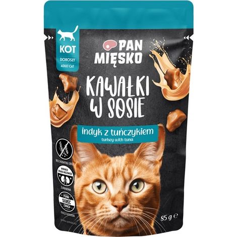 Viandes en sauce  Aliment humide complet pour chat  Morceaux en sauce - Sachet de 85 g - Dinde et thon 85 g