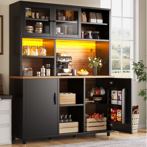 Buffet haut cuisine LED contrôlée par application 140x40x185 cm, MDF noir effet bois, portes coulissantes (1/5)