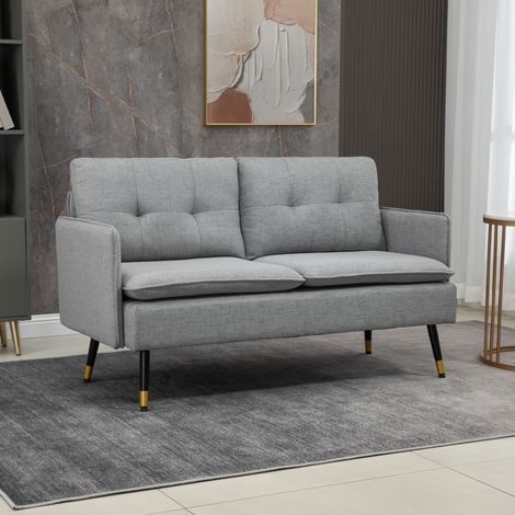 Canapé 2 places en tissu effet lin - salon - pieds acier - 139x68x80 cm - gris - pour bureau - accoudoirs et coussins rembourrés - chambre