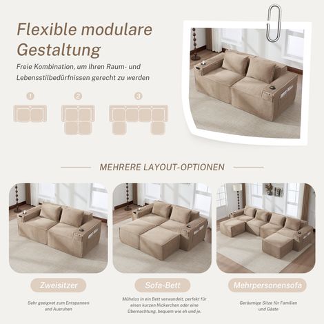 Canapé d'angle modulable 2 places, velours côtelé, avec accoudoirs porte-verres et rangements latéraux – structure à ressorts et mousse dense, résistant à la déformation, livré sous vide, sans assembl (1/5)