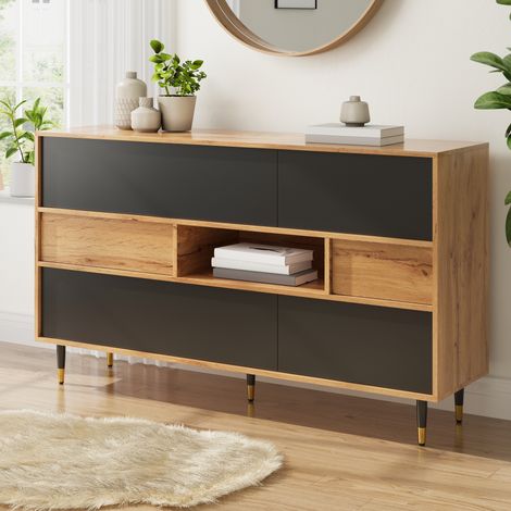 Buffet, meuble de salon, meuble de salle à manger, meuble d'entrée, buffet multifonctionnel en bois et noir, 2 tiroirs, compartiment central ouvert, portes battantes et latérales, meuble de rangement (1/4)