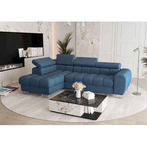 Ecksofa Schlafsofa BASTIEN in Stoff Aragon Blau Ottomane Links
