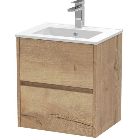 Chartley Contemporary 2 Drawer Wall Hung Vanity Unit with Minimalist Basin, Autumn Oak, 500mm