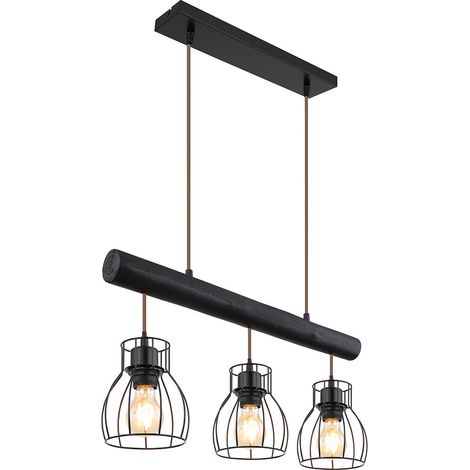 Suspension lampe suspendue vintage tige en bois lampe rétro en bois avec abat-jour en grille noire, cage en métal, 3x douilles E27, HxLxW 140x60x13,6cm (1/5)