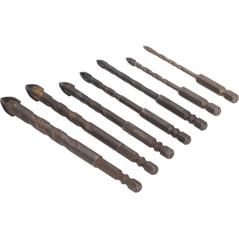 Set mit 7 einzigartigen, kreuzförmigen Sechskantbohrern aus Hartmetall für Glas, Keramik, Fliesen, Ziegel, Wände und Holz (1/5)
