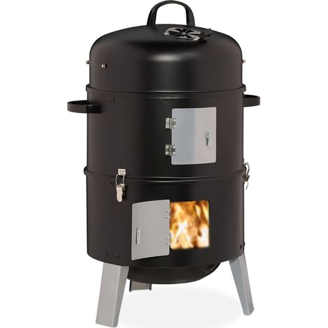 Relaxdays Charcoal Smoker, 3in1, for Grilling, Smoking & Cooking, Thermometer & Air Vent, Barrel: ∅ 40 cm, Steel, Black (1/5)