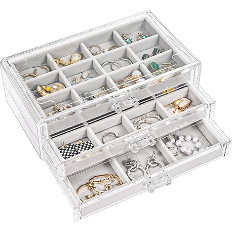 Boîte à Bijoux Transparente, 3 Plateaux Bijoux Tiroir, avec Séparateurs Amovibles, Rangement Bijoux Tiroir Acrylique, Range Boucles d’Oreille Bagues Colliers Bracelets - Gris (1/5)