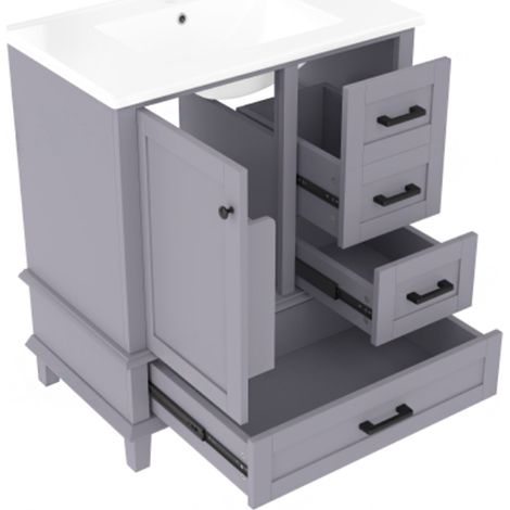 Meuble de salle de bain sur pied 76 x 46 x 83,5 cm avec vasque, meuble sous-vasque, finition laquée intégrale, étagère de porte, trois tiroirs silencieux, vasque en céramique intégrée, gris