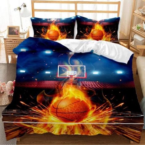Parure Drap Basket-Ball De Feu De Terrain De Basket Ensemble De Housse De Couette avec 2 Taies d\'oreiller 140x200cm[559] (1/4)